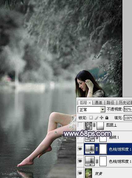 Photoshop将湖景美女图片打造出个性的中性暗蓝色