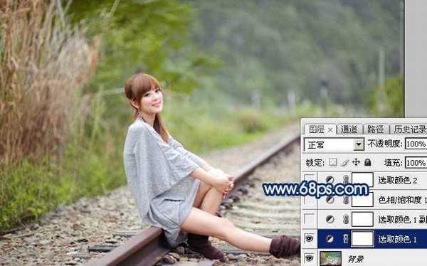 Photoshop调出唯美的中性黄褐色铁轨美女图片